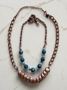 🫶🏻 Copper-Tone & Teal Beaded Layered Necklace Set